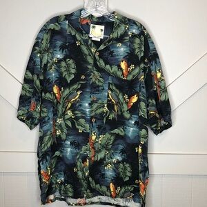 Silk Shirt Floral Tropical Parrot Bird Print Button Down Men’s XL Vacation Beach